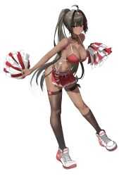  absurdres alternate_costume bandaid bandaid_on_arm bandaid_on_hip bandaid_on_stomach bandaid_on_thigh bay_(nikke) black_hair black_hairband black_thighhighs cheerleader dark-skinned_female dark_skin female full_body goddess_of_victory:_nikke grey_eyes hairband hallo_(rltkdydrltk) highres leaning_forward lock long_hair looking_at_viewer mole mole_on_stomach navel padlock padlocked_collar pleated_skirt red_streaks simple_background single_thighhigh skirt solo standing thighhighs two-tone_tank_top white_background white_sneakers 