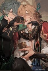  2boys aegyo_sal alcohol alhaitham_(genshin_impact) arms_around_neck artist_name blonde_hair blush chest_jewel cowboy_shot cup drunk feather_hair_ornament feathers gem genshin_impact green_eyes green_feathers green_gemstone grey_hair hair_ornament hair_over_one_eye half-closed_eyes headphones highres holding holding_cup indoors kaveh_(genshin_impact) looking_ahead looking_at_another lower_teeth_only male_focus multicolored_eyes multiple_boys nose_blush one_eye_covered open_mouth parted_lips red_eyes teeth twitter_username vyqi yaoi 