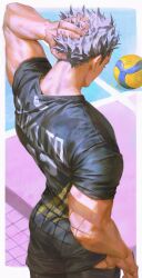  1boy ass back ball black_shirt black_shorts bokuto_koutarou border character_name clothes_pull grey_hair haikyuu!! hand_in_own_hair highres male_focus outside_border shirt short_hair short_sleeves shorts solo sportswear volleyball_(object) volleyball_net volleyball_uniform white_border zero_q_0q 