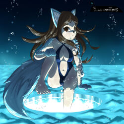  1:1 anthro arm_markings blue_clothing blue_ears blue_hands blue_markings blue_swimwear blue_tail brown_eyes brown_hair bubble canid canine canis clothing detailed_background evan_harrey female foot_in_water fur hair hand_on_ground hand_on_knee hand_on_leg handpaw ice looking_at_viewer mammal markings midriff one-piece_swimsuit one_leg_up paws raised_leg sinktember sinktember_2024 sitting solo swimwear tail underwater upside-down water white_body white_fur wolf yukiko_snowflake_(character) 