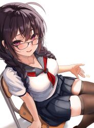  ahoge black_sailor_collar black_skirt braid breasts brown_hair chair collarbone female glasses highres long_hair neckerchief original pleated_skirt purple_eyes red_neckerchief sailor_collar school_chair shadow shirt sitting skirt solo sweat thighhighs twin_braids white_shirt yufou 