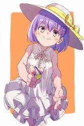  bare_shoulders blush breasts dress echo_(circa) fate/grand_order fate_(series) female hair_ribbon hat ink_stamp kazuradrop_(fate) looking_at_viewer outstretched_arm purple_eyes purple_hair ribbon short_hair small_breasts smile solo sun_hat white_dress white_hat yellow_ribbon 