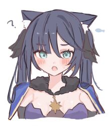  :o ? animal_ears bare_shoulders black_ribbon blue_cape cape cat_ears female genshin_impact hair_ribbon highres karua0621 kemonomimi_mode looking_at_viewer mona_(genshin_impact) no_headwear oerba_yun_fang open_mouth portrait ribbon solo twintails 