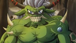  bandai_namco digimon digimon_(species) ear_piercing fangs green_body green_skin hair hi_res humanoid male muscular muscular_humanoid muscular_male ogremon pecs piercing solo teeth vein veiny_muscles white_hair zoalord95 