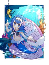  :o bead_bracelet beads blue_eyes blue_hair blush_stickers border bracelet bright_pupils clam commentary_request cosplay female fishing_hook hairband hand_up highres index_finger_raised jewelry lana_(pokemon) luvdisc mermaid monster_girl navel no_sclera open_mouth pikachu pokemon pokemon_(creature) pokemon_sm primarina primarina_(cosplay) seaweed short_hair starfish sumeragi1101 underwater white_border white_pupils yellow_hairband 