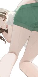  brown_hair commentary female from_behind gakuen_idolmaster green_shorts highres hiroki_(yyqw7151) idolmaster kuramoto_china long_hair looking_at_viewer one_eye_closed open_mouth panties shirt shorts simple_background solo standing underwear wet white_background white_panties white_shirt 