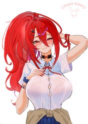  absurdres ahoge alternate_hairstyle breasts collared_shirt dopeybunni elizabeth_rose_bloodflame female highres hololive hololive_english huge_ahoge large_breasts long_hair looking_at_viewer multicolored_hair partially_unbuttoned red_eyes red_hair shirt simple_background smile solo very_long_hair virtual_youtuber white_background white_shirt 