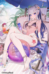  anklet applying_sunscreen ball barefoot beach beachball bikini blush bracelet breasts female flower hair_flower hair_ornament highres jewelry leaning_back long_hair lotion lying monoco55 nijisanji on_back palm_tree pointy_ears purple_eyes rhea_(virtuareal) smile solo string_bikini sunscreen swimsuit toes tree virtual_youtuber virtuareal 