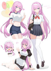  ! absurdres alternate_costume apron arm_behind_back arm_support bag black_dress black_shorts black_skirt blue_eyes blush bow bowtie breasts brown_bag brown_footwear chibi chibi_inset chinese_commentary closed_mouth collared_shirt commentary_request crop_top dated dress elysia_(honkai_impact) enmaided female hairband hairbow heart highres honkai_(series) honkai_impact_3rd lao_xi large_breasts long_hair looking_at_viewer maid maid_headdress midriff multiple_views navel no_shoes one_eye_closed parted_lips pink_bow pink_bowtie pink_hair pink_pupils pleated_skirt pointy_ears red_bow red_bowtie school_bag shirt shorts sidelocks simple_background sitting skirt smile standing thighhighs thighs toes v very_long_hair waving white_apron white_background white_bow white_hairband white_shirt white_thighhighs wristband 