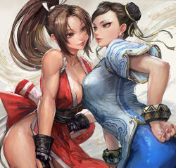  2girls bare_shoulders bracelet breasts brown_eyes brown_hair china_dress chinese_clothes chun-li cleavage commentary_request double_bun dress earrings fatal_fury fingernails gold_trim hair_bun hand_on_own_hip highres japanese_clothes jewelry lips long_hair looking_at_another medium_breasts miche multiple_girls nail_polish ninja pants parted_bangs pelvic_curtain ponytail revealing_clothes rope shiranui_mai short_sleeves simple_background sleeveless smile street_fighter street_fighter_6 the_king_of_fighters thighs 