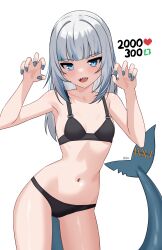  :d absurdres armpits artist_name bare_shoulders black_bra black_panties blue_eyes blue_hair blue_nails blunt_bangs blush bra breasts claw_pose collarbone commentary contrapposto cowboy_shot english_commentary female fins fish_tail gawr_gura hands_up heart highres hololive hololive_english light_blush like_and_retweet long_hair looking_at_viewer lowleg lowleg_panties meme midriff multicolored_hair nail_polish navel open_mouth panties shark_girl shark_tail sharp_teeth signature simple_background small_breasts smile solo standing streaked_hair tail teeth thigh_gap twitter_strip_game_(meme) two_side_up underwear underwear_only virtual_youtuber white_background white_hair x_xith_x 