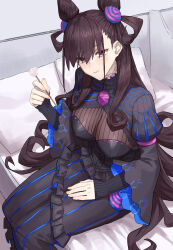  bed black_dress breasts cone_hair_bun dress fate/grand_order fate_(series) female gem hair_bun hair_ornament highres juliet_sleeves large_breasts long_hair long_sleeves looking_at_viewer mimikaki murasaki_shikibu_(fate) murasaki_shikibu_(first_ascension)_(fate) puff_and_slash_sleeves puffy_sleeves purple_eyes purple_gemstone purple_hair sitting solo tesin_(7aehyun) two_side_up very_long_hair wide_sleeves 