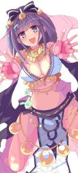  :d absurdres blue_eyes blue_ribbon blush breasts cleavage commentary_request cosplay feet_out_of_frame female gloves hair_ribbon harem_outfit heart highres large_breasts long_hair looking_at_viewer misora_(princess_connect!) navel o-ring o-ring_top open_mouth pink_gloves princess_connect! purple_hair reaching reaching_towards_viewer ribbon saren_(princess_connect!) saren_(princess_connect!)_(cosplay) saren_(sarasaria)_(princess_connect!) sidelocks simple_background smile solo stomach unfinished white_background yamada_(hvcij) 