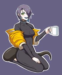  2021 5:6 absurd_res amphibian amphibian_humanoid animal_humanoid arknights asbestos_(arknights) blue_hair blue_tongue bodysuit breasts clothing coffee_mug container cup female hair hi_res holding_container holding_cup holding_mug holding_object humanoid hypergryph jacket kneeling mass_produced_p mug multicolored_hair purple_background purple_hair salamander_humanoid sharp_teeth simple_background skinsuit solo studio_montagne tail tailed_humanoid teeth tight_clothing tongue topwear 