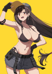  :d adjusting_clothes adjusting_headwear armpits baseball_cap belt bikini black_bikini breasts brown_hair cleavage collarbone cowboy_shot denim denim_skirt earrings elbow_pads english_text female final_fantasy final_fantasy_vii final_fantasy_vii_remake fingerless_gloves floating_earring gloves hair_behind_ear hat highres jewelry kojirou! large_breasts long_hair looking_at_viewer low_ponytail navel necklace no_shirt official_alternate_costume side-tie_bikini_bottom simple_background single_elbow_pad skindentation skirt smile solo swept_bangs swimsuit teeth tifa_lockhart tifa_lockhart_(lifeguard) upper_teeth_only yellow_background 