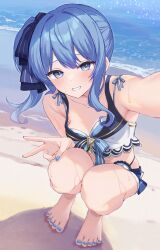  arm_up armpit_crease barefoot beach bikini blue_bikini blue_eyes blue_hair blue_nails blue_ribbon blush breasts collarbone commentary_request day dutch_angle feet female frilled_bikini frills full_body gold_trim hair_ribbon hand_on_own_knee highres holding hololive hololive_summer_2023_swimsuit hoshimachi_suisei kohaku_(csacu) long_hair looking_at_viewer nail_polish navel outdoors redrawn ribbon sand selfie shadow side_ponytail sidelocks small_breasts smile solo squatting star_(symbol) star_in_eye swimsuit symbol_in_eye teeth thighs toenail_polish toenails toes two-tone_bikini v virtual_youtuber water wet white_bikini 