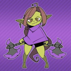  1:1 2023 5_fingers absurd_res axe barefoot battle_axe big_ears brown_hair clothing digital_drawing_(artwork) digital_media_(artwork) dual_wielding ear_piercing ear_ring feet femboy fingers front_view full-length_portrait goblin gramdraw green_body green_ears green_skin hair hi_res holding_axe holding_battle_axe holding_melee_weapon holding_object holding_weapon humanoid humanoid_pointy_ears key long_ears long_hair male male_humanoid melee_weapon mouth_closed pattern_background piercing poncho portrait purple_background purple_clothing purple_poncho purple_topwear ring_piercing ringed_eyes simple_background smile snaggle_tooth standing striped_background tootsie_(baazycolors) topwear weapon yellow_eyes 