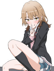  :p absurdres black_jacket black_socks blazer blue_skirt blush brown_hair cardigan closed_mouth commentary_request dress_shirt eyelashes female finger_to_mouth fingernails hair_between_eyes hand_on_floor hand_up highres index_finger_raised isshiki_iroha jacket knee_up kneehighs long_bangs long_sleeves looking_at_viewer mecha_kaku_man medium_hair miniskirt neck_ribbon open_clothes open_jacket partial_commentary pink_cardigan pleated_skirt red_ribbon ribbon school_uniform shirt shushing simple_background sitting skirt sobu_high_school_uniform socks solo thighs tongue tongue_out white_background white_shirt white_skirt yahari_ore_no_seishun_lovecome_wa_machigatteiru. yellow_eyes 