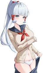  absurdres blue_eyes blue_sailor_collar blunt_bangs blush bow breasts cardigan commentary cowboy_shot female genshin_impact grey_hair hairbow highres kamisato_ayaka large_breasts long_hair long_sleeves looking_at_viewer mole mole_under_eye navel neckerchief panties ponytail red_bow red_neckerchief sailor_collar solo thighs underwear very_long_hair white_panties yeni1871 