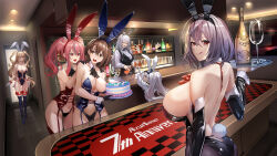  6+girls :d :q animal_ears azur_lane baltimore_(azur_lane) bare_shoulders black_leotard blue_leotard blue_thighhighs blush breasts bremerton_(azur_lane) brown_eyes brown_hair closed_mouth commentary_request crossed_bangs detached_collar detached_sleeves drink fake_animal_ears fake_tail guam_(azur_lane) guam_(stage-setting_charmer)_(azur_lane) hair_between_eyes highres holding iitsumonemu indiana_(azur_lane) indoors laffey_(azur_lane) laffey_ii_(azur_lane) laffey_ii_(sleepy_on_a_busy_day)_(azur_lane) large_breasts leotard long_hair looking_at_another looking_at_viewer looking_back multicolored_hair multiple_girls official_alternate_costume one_eye_closed pink_hair pittsburgh_(azur_lane) playboy_bunny pouring rabbit_ears rabbit_tail red_eyes scar scar_on_face short_hair smile streaked_hair tail thighhighs thighs tongue tongue_out tray twintails two_side_up white_hair 