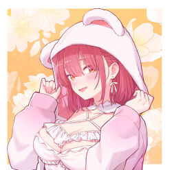  a-ka adjusting_hood animal_ears animal_hood bear_ears bear_hood blush breasts cleavage collar collarbone earrings female fingernails floral_background gradient_hoodie hands_up hashtag-only_commentary heart heart_earrings heterochromia highres hololive hood hoodie houshou_marine houshou_marine_(8th_costume) jewelry large_breasts long_sleeves looking_at_viewer medium_hair nightgown oerba_yun_fang official_alternate_costume official_alternate_hairstyle open_mouth orange_background pink_hoodie red_eyes red_hair ribbon ribbon_earrings signature sleeves_past_wrists smile solo upper_body virtual_youtuber white_background white_collar white_hoodie white_nightgown white_ribbon yellow_eyes 