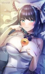  alternate_costume animal_band artist_name azur_lane between_breasts black_hair blue_eyes blush breasts cheshire_(azur_lane) cleavage dress female highres indoors large_breasts long_ribbon looking_at_viewer lying manjuu_(azur_lane) multicolored_hair ribbon sparkle streaked_hair takemi_mochi white_dress 