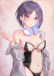  absurdres bare_shoulders black_leotard breasts breasts_apart collarbone commentary cowboy_shot curled_fingers curtained_hair dot_nose female forehead gakuen_idolmaster hair_ornament hand_up headphones headphones_around_neck highleg highleg_leotard highres idolmaster jacket leotard light_frown looking_at_viewer mashiro_yu medium_breasts medium_hair narrow_waist navel off_shoulder open_clothes open_jacket parted_bangs pink_eyes playboy_bunny purple_hair see-through see-through_leotard simple_background solo stomach x_hair_ornament yonemochi_yume 