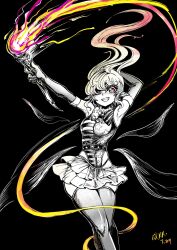  american_flag_dress arm_behind_head arm_up armpits bare_shoulders black_background blonde_hair bow breasts bridal_gauntlets chengzilong8 clenched_teeth clownpiece elbow_gloves fairy_wings female fire gloves hair_over_eyes highres holding holding_torch limited_palette long_hair looking_at_viewer monochrome open_mouth pointy_ears red_eyes skirt solo star_(symbol) star_print teeth thighhighs torch touhou wings 