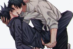  2boys black_hair black_jacket black_pants blush buttons closed_eyes french_kiss fushiguro_megumi fushirun_rung hand_around_neck hand_on_another&#039;s_waist highres jacket jujutsu_kaisen jujutsu_tech_uniform kissing leg_lock long_sleeves male_focus multiple_boys okkotsu_yuuta open_mouth pants short_hair simple_background tongue tongue_out white_background white_jacket yaoi 