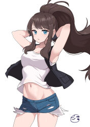  absurdres armpits black_vest black_wristband blue_eyes breasts brown_hair commentary_request cowboy_shot exposed_pocket eyelashes female hands_up high_ponytail highres hilda_(pokemon) long_hair navel neogul_kim open_clothes open_vest pokemon pokemon_bw redrawn shirt short_shorts shorts sidelocks signature sleeveless sleeveless_shirt solo vest white_background white_shirt 