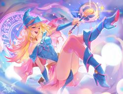  :d ass bare_shoulders blonde_hair blue_footwear blush breasts choker christine_spiegel covered_navel dark_magician_girl duel_monster female green_eyes hair_between_eyes hat holding holding_wand large_breasts long_hair looking_at_viewer open_mouth pentacle smile solo teeth wand wizard_hat yu-gi-oh! 