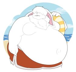  2019 4_fingers anthro beach belly belly_overhang bent_arm big_belly blue_sky buckteeth clothing cloud day duke_(shishkababoo) fingers floppy_ears fur hair hair_over_eyes hi_res holding_pool_toy holding_pool_tube lagomorph leporid lop_ears male male_anthro mammal mobs navel neck_tuft obese obese_anthro obese_male outside overweight overweight_anthro overweight_male pink_inner_ear pool_toy pool_tube rabbit red_clothing red_swimming_trunks red_swimwear sea seaside short_hair sky solo swimming_trunks swimwear teeth theannoyingnpc thick_thighs tuft water white_body white_fur white_hair wide_hips 