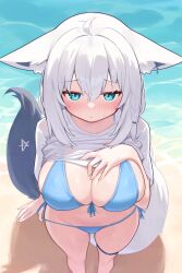  absurdres animal_ears beach bikini blue_bikini blush braid breasts closed_mouth clothes_lift commentary_request deaver female fox_ears fox_girl fox_tail highres hololive large_breasts looking_at_viewer pentagram shirakami_fubuki shirt shirt_lift single_braid solo standing swimsuit tail thigh_strap thighs virtual_youtuber white_hair white_shirt 