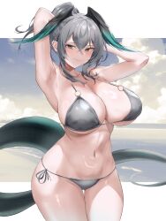  absurdres alternate_costume arknights armpits arms_behind_head arms_up bikini blush breasts cloud cloudy_sky commentary_request cowboy_shot crossed_bangs female green_eyes grey_bikini grey_hair hair_between_eyes head_wings highres ho&#039;olheyak_(arknights) large_breasts looking_at_viewer navel o-ring o-ring_top outdoors ponytail side-tie_bikini_bottom sky snake_tail solo standing swimsuit tail thigh_gap wings yomesuket 