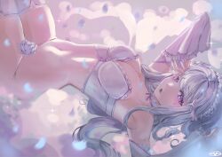  absurdres bare_shoulders blush bra braid breasts cleavage crown_braid detached_sleeves echidnas elf emilia_(re:zero) falling_petals female flower frilled_sleeves frills hair_ornament hand_on_own_forehead highres long_hair looking_at_viewer lying medium_breasts no_panties nude on_back open_mouth petals pointy_ears purple_eyes re:zero_kara_hajimeru_isekai_seikatsu rose solo sweatdrop thighhighs underwear white_bra white_flower white_hair white_rose x_hair_ornament 