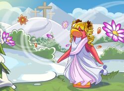  anthro avian bird blonde_hair blue_sky closed_eyes clothing club_penguin cross day dress drill_curls female flower grass hair mountain outside penguin petals pink_body pink_flower pink_skin plant relampago686 shrub sky sleeveless_dress snow solo standing white_clothing white_dress 