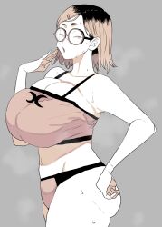  ass bra breasts doctor_masube female freckles glasses greyscale hair_ornament hairclip highres huge_breasts jimiko looking_at_viewer monochrome open_mouth original panties round_eyewear short_eyebrows short_hair sweat undersized_breast_cup undersized_clothes underwear 