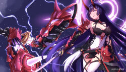  armor breasts cleavage closed_mouth daidailong electricity female glowing glowing_sword glowing_weapon highres holding holding_sheath holding_sword holding_weapon honkai_(series) honkai_impact_3rd horns japanese_clothes katana large_breasts long_hair pauldrons purple_background purple_eyes purple_hair raiden_mei raiden_mei_(herrscher_of_thunder) sheath shoulder_armor single_pauldron smile solo sword thighhighs unsheathing very_long_hair weapon white_thighhighs 