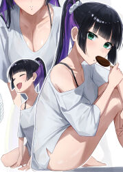  absurdres barefoot black_bra black_hair bocchi_the_rock! bra bra_visible_through_clothes breasts cleavage closed_eyes eating eyebrows_hidden_by_hair female food food_in_mouth food_on_face from_side green_eyes hair_ornament hair_scrunchie head_out_of_frame highres hugging_own_legs large_breasts leaning_forward looking_at_viewer multicolored_hair multiple_views open_mouth pa-san ponytail popsicle popsicle_in_mouth purple_hair scrunchie seisyuntarotto sitting smile two-tone_hair underwear 