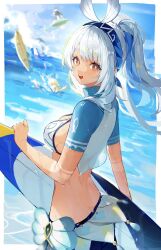  1boy 2girls :d bikini blue_hair blue_hairband blue_shirt blue_sky commentary_request cowboy_shot from_side genshin_impact hairband highres holding holding_surfboard kachina_(genshin_impact) kinich_(genshin_impact) long_hair looking_at_viewer mualani_(genshin_impact) multicolored_hair multiple_girls ocean open_clothes open_mouth open_shirt outdoors pkokonatu ponytail red_eyes shirt sky smile solo_focus surfboard surfing swimsuit two-tone_hair water waves white_bikini white_hair white_shirt 