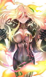  absurdres ahoge barona black_bikesuit black_gloves blonde_hair breasts cleavage commentary_request earrings eyewear_on_head female fire floating_hair genshin_impact gloves hair_between_eyes highres jewelry large_breasts light_smile lips long_hair long_sleeves looking_at_viewer mavuika_(genshin_impact) official_alternate_hair_color orange_eyes parted_lips partially_unzipped pyrokinesis red_eyes solo sunburst_iris two-tone_eyes very_long_hair white_background wide_sleeves yellow_pupils 