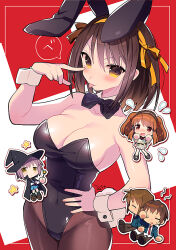  2boys 3girls akanbe animal_ears asahina_mikuru black_bow black_bowtie black_cloak black_footwear black_hat black_leotard blazer blue_sailor_collar blue_skirt blush bow bowtie breasts brown_eyes brown_footwear brown_hair brown_pants brown_pantyhose chibi chibi_inset cleavage cloak closed_mouth collarbone collared_shirt commentary_request covered_navel detached_collar eyelid_pull fake_animal_ears fake_tail finger_to_eye green_jacket hair_between_eyes hair_ribbon hairband hand_on_own_hip hat holding holding_wand jacket kita_high_school_uniform koizumi_itsuki kyon large_breasts leotard loafers long_hair long_sleeves maid medium_hair multiple_boys multiple_girls nagato_yuki necktie official_alternate_costume open_clothes open_jacket pants pantyhose playboy_bunny pleated_skirt rabbit_ears rabbit_tail red_background red_necktie red_ribbon ribbon sailor_collar school_uniform serafuku shirt shoes simple_background sitting skirt solo_focus standing strapless strapless_leotard suzumiya_haruhi suzumiya_haruhi_no_yuuutsu tail tongue tongue_out twintails wand white_shirt white_wrist_cuffs winter_uniform witch_hat wrist_cuffs yellow_hairband yellow_ribbon zest_(lossol) 