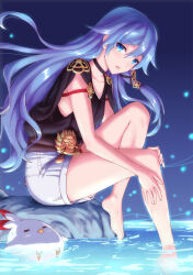  barefoot black_choker black_hair black_shirt blue_eyes choker daidailong female fu_hua fu_hua_(night_squire) fu_hua_(rustic_noir) full_body highres honkai_(series) honkai_impact_3rd jingwei_(bird) long_hair looking_at_viewer shirt shorts sitting solo very_long_hair wading wet white_shorts 