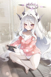  absurdres alternate_costume barefoot black_horns blue_archive demon_horns demon_wings halo handheld_game_console highres hina_(blue_archive) holding holding_handheld_game_console horns long_hair looking_at_viewer micasa_tto nintendo_switch pajamas panties pink_pajamas purple_eyes purple_halo thighs underwear white_hair white_panties wings 