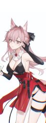  2naom8q6gt87292 animal_ear_fluff animal_ears arknights bare_shoulders bikini black_bikini black_gloves braid breasts chromatic_aberration cleavage cowboy_shot elbow_gloves female gloves hair_between_eyes hand_up high-waist_skirt highres large_breasts long_hair looking_at_viewer pink_eyes pink_hair pozyomka_(arknights) red_skirt simple_background skirt solo standing swimsuit thigh_strap thighs very_long_hair white_background wolf_ears 