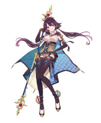  absurdres ahoge atelier_(series) atelier_sophie_2 belt blue_belt blue_cape breasts brown_gloves cape closed_mouth elbow_gloves female full_body gloves hand_on_own_hip hand_up highres holding holding_staff leotard long_hair looking_at_viewer low_twintails medium_breasts noco_(adamas) official_art purple_eyes ramizel_erlenmeyer second-party_source simple_background smile solo staff twintails very_long_hair white_background 