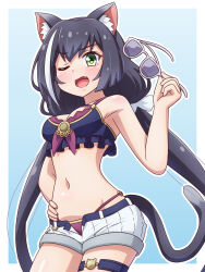  animal_ear_fluff animal_ears armpit_crease bikini bikini_under_clothes bikini_under_shorts black_hair blush breasts cat_ears cat_girl cat_ornament cat_tail female green_eyes hair_ribbon hand_on_own_hip highres holding holding_removed_eyewear karyl_(princess_connect!) karyl_(summer)_(princess_connect!) long_hair looking_at_viewer low_twintails medium_breasts multicolored_hair navel oerba_yun_fang one_eye_closed open_clothes open_fly open_mouth open_shorts princess_connect! purple_bikini ribbon short_shorts shorts solo streaked_hair sunglasses swimsuit swimsuit_under_clothes tail thigh_strap twintails unworn_eyewear very_long_hair white-framed_eyewear white_shorts white_streaks yosuzu 