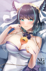  alternate_costume animal_band artist_name azur_lane between_breasts black_hair blue_eyes blush breasts cheshire_(azur_lane) cleavage dress english_text female highres indoors large_breasts long_ribbon looking_at_viewer lying manjuu_(azur_lane) multicolored_hair ribbon smile sparkle streaked_hair takemi_mochi twitter_username white_dress 