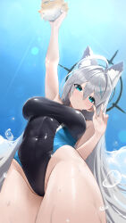  absurdres animal animal_ears arm_up black_halo black_one-piece_swimsuit blue_archive blue_sky blush breasts closed_mouth commentary covered_navel cross cross_hair_ornament female fish from_below grey_hair hair_between_eyes hair_ornament halo highres holding holding_animal inverted_cross large_breasts long_hair not_forever2w one-piece_swimsuit puffer_fish shiroko_(blue_archive) shiroko_(swimsuit)_(blue_archive) shiroko_terror_(blue_archive) sky swimsuit symbol-only_commentary thighs very_long_hair w water_drop wolf_ears wolf_girl 