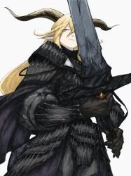  absurdres animal_ears arknights armor black_armor black_gloves blonde_hair closed_mouth degenbrecher_(arknights) female from_below full_armor gloves goat_ears goat_girl goat_horns hair_between_eyes highres holding holding_sword holding_weapon horns long_hair long_sleeves looking_at_viewer one_eye_covered simple_background solo sword weapon white_background yellow_eyes yukinaga_(eruserion) 